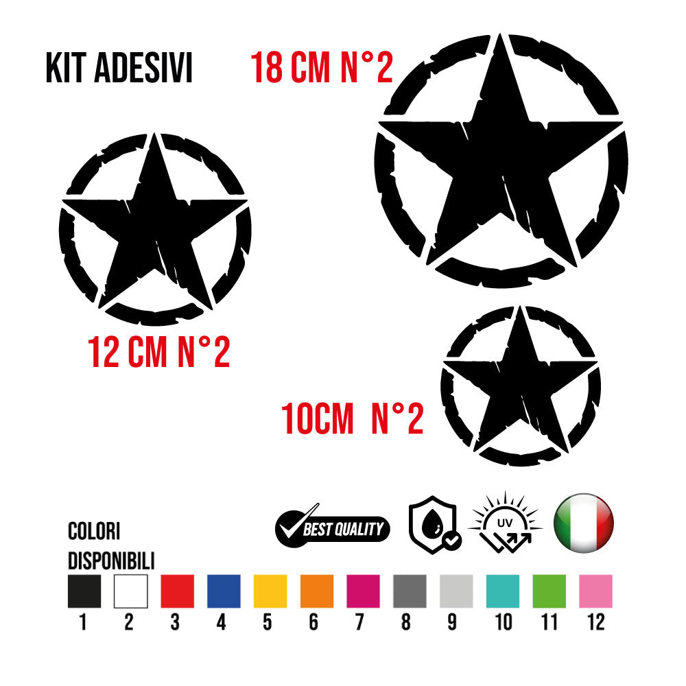 Kit Stella Army 10cm / 12cm / 18cm - mod 202 - 6 Adesivi Militare US ARMY 4x4 Jeep Fuoristrada