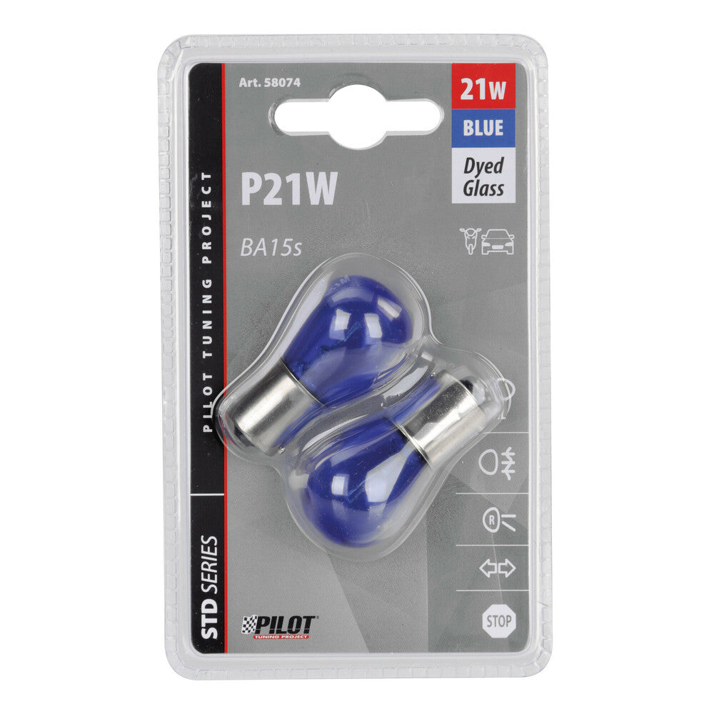 58074 - 12V Blue Dyed Glass, Lampada 1 filamento - (P21W) - 21W - BA15s - 2 pz - D/Blister