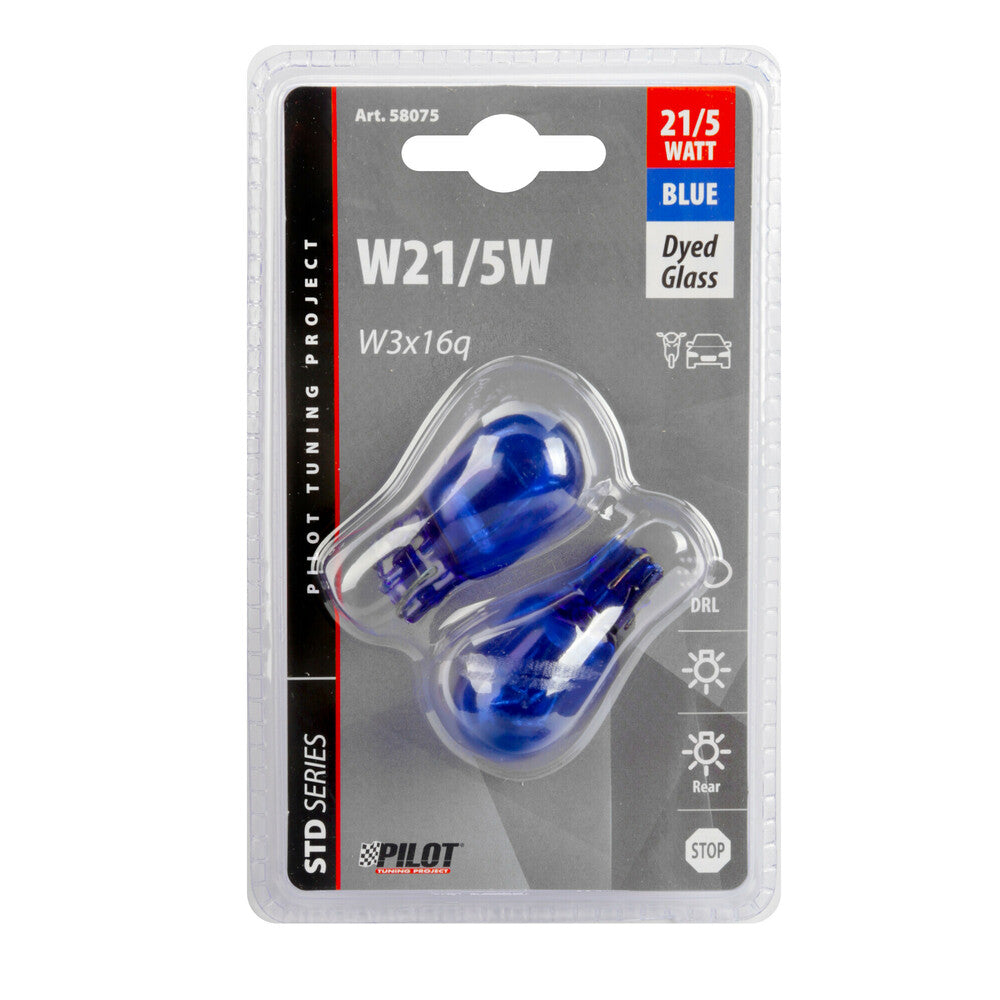 58075 - 12V Blue Dyed Glass, Lampada con zoccolo vetro 2 filamenti - (W21/5W) - 21/5W - W3x16q - 2 pz  - D/Blister
